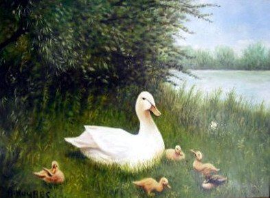 Markus Muyres+Nederlands+Olieverf+Schilderij+Witte eend+Kuikens+Groene planten+Water