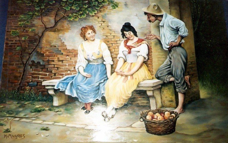 Markus Muyres+Nederlands+Olieverf+Schilderij+Man met hoed+Mand met appelen+Jonge dames+Bank+Gemetselde muur