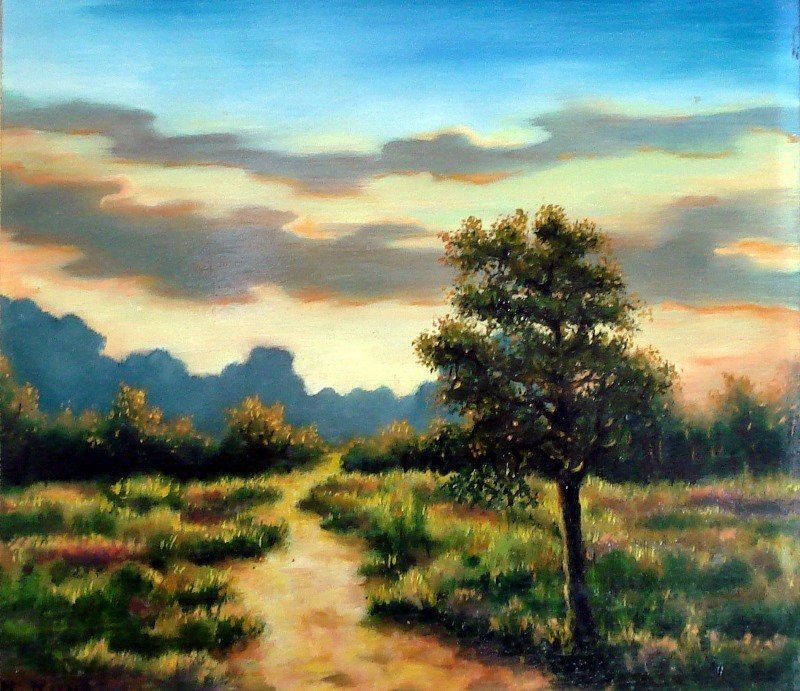 Markus Muyres+Nederlands+Olieverf+Schilderij+Landschap+Heide+Pad+Boom+Ondergaande zon+Wolken