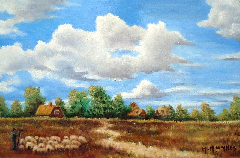 Markus Muyres+Nederlands+Olieverf+Schilderij+Landschap+Heide+Schaapshoeder+Huisjes+Bomen+Wolken