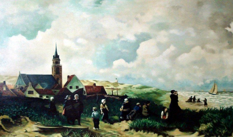 Markus Muyres+Nederlands+Olieverf+Schilderij+Canvas+64x108cm+Landschap+Duinen+Klederdracht+Kerk+Strand+Zee+Zeilboot+Scheveningen