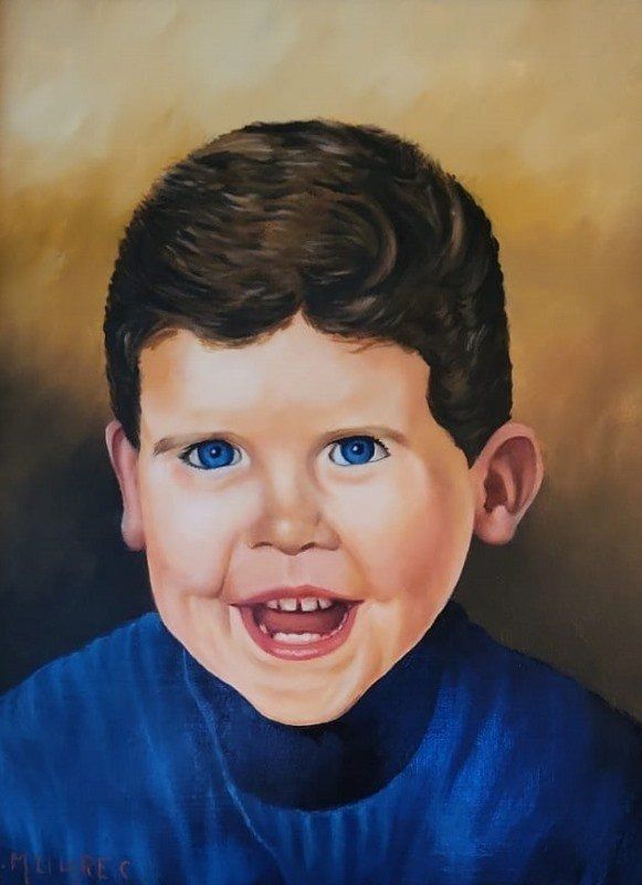 Markus Muyres+Nederlands+Olieverf+Schilderij+Portret+Jongetje+Blauwe kleding+Donker kort haar