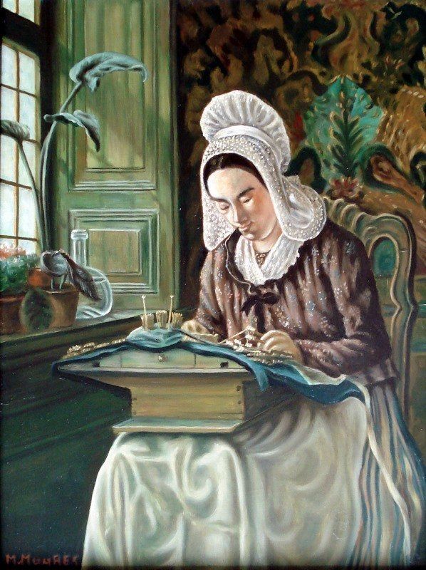 Markus Muyres+Nederlands+Olieverf+Schilderij+Paneel+40x30cm+Vrouw+Klederdracht+Kant klossen+Raam