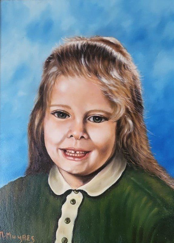 Markus Muyres+Nederlands+Olieverf+Schilderij+Portret+Meisje+Groene kleding+Blond+ Lang haar