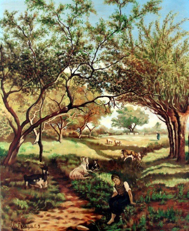 Markus Muyres+Nederlands+Olieverf+Schilderij+Landschap+Geitenhoedster+Bomen+Schaduw