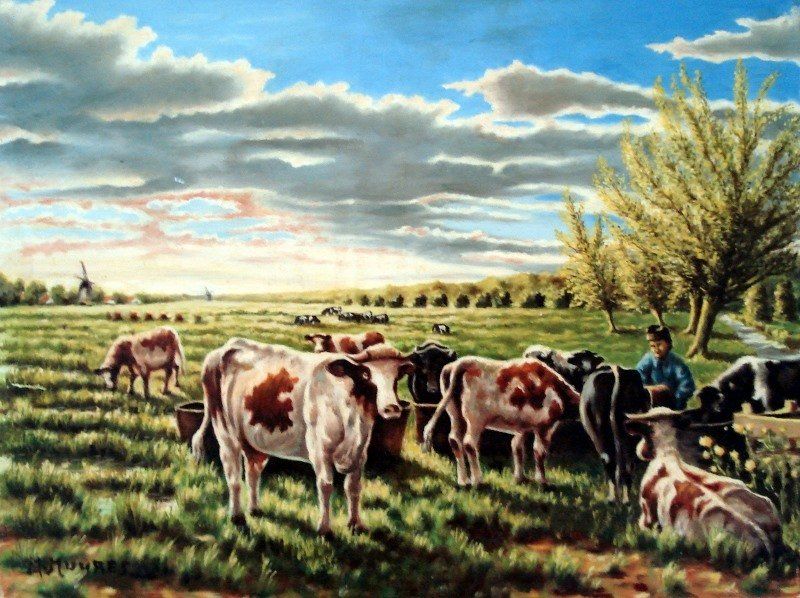Markus Muyres+Nederlands+Olieverf+Schilderij+Landschap+Koeien+Weide+Bomen+Molen+Wolken