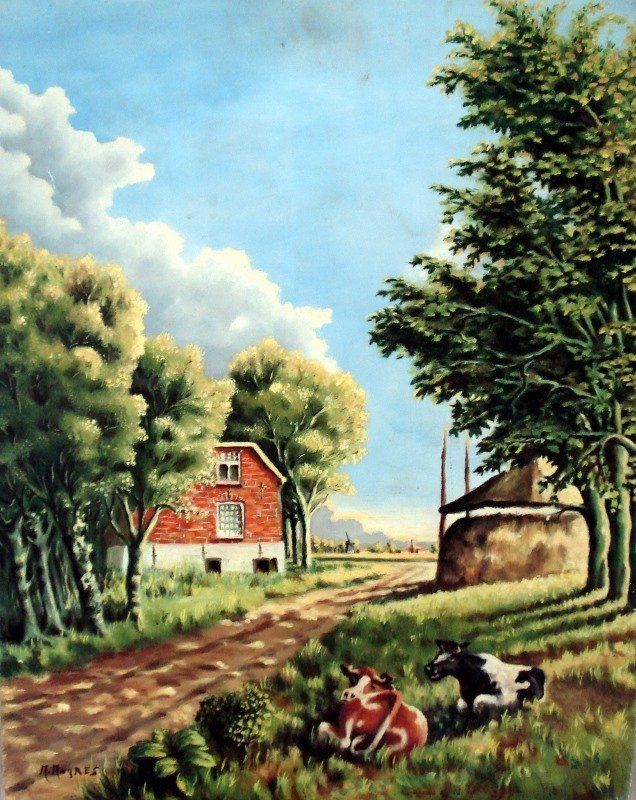 Markus Muyres+Nederlands+Olieverf+Schilderij+Landschap+Liggende koeien+Weg+Boerderij+Hooiberg+Bomen