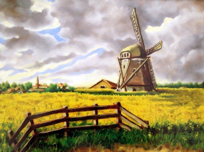 Markus Muyres+Nederlands+Olieverf+Schilderij+Landschap+Molen+Korenveld+Hek+Kerk+Wolken