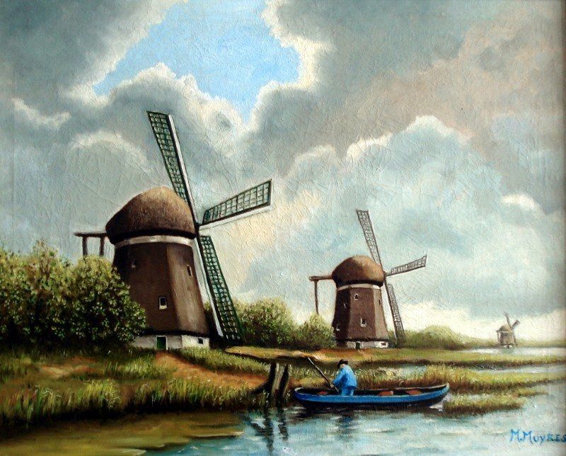 Markus Muyres+Nederlands+Olieverf+Schilderij+Landschap+Molens+Visser in boot+Water+Wolken