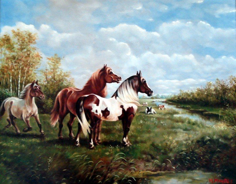 Markus Muyres+Nederlands+Olieverf+Schilderij+Landschap+Paarden+Weide+Koeien+Beekje+Bomen+Wolken