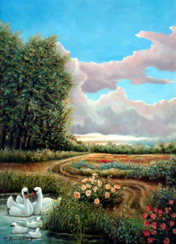 Markus Muyres+Nederlands+Olieverf+Schilderij+Landschap+Zwanenfamilie+Bloemen+Heide+Bomen+Wolken