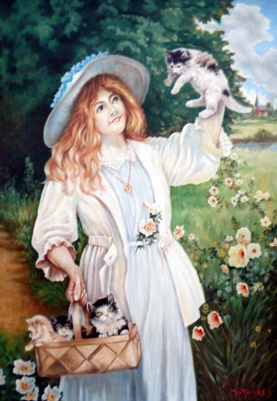 Markus Muyres+Nederlands+Olieverf+Schilderij+Canvas+70x50cm+Meisje+Witte kleding+Hoed+Poesjes+Mand+Bloemen+Landschap