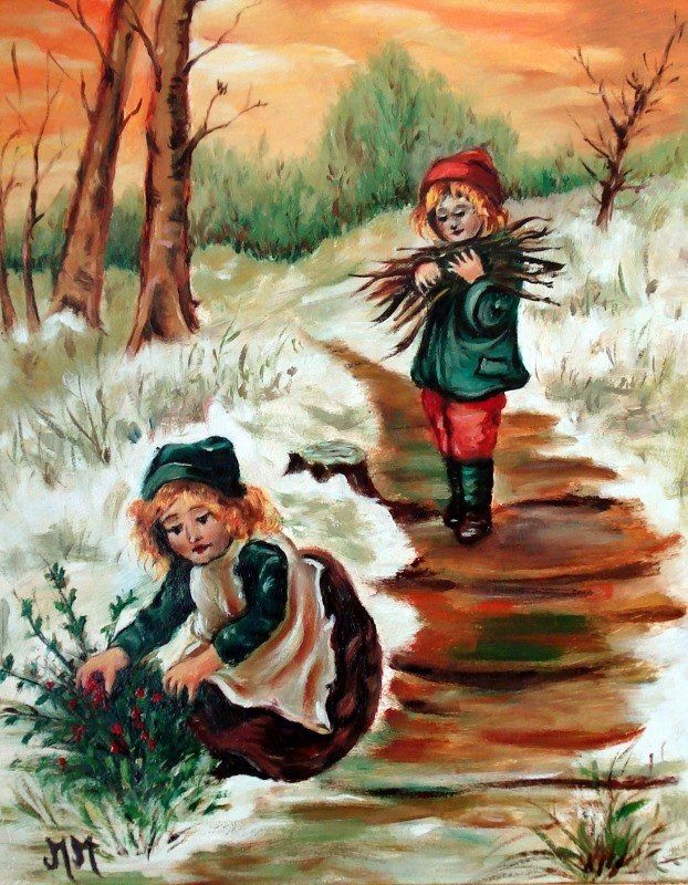 Markus Muyres+Nederlands+Olieverf+Schilderij+Meisjes+Hout sprokkelen+Pad+Winterlandschap+Avondrood