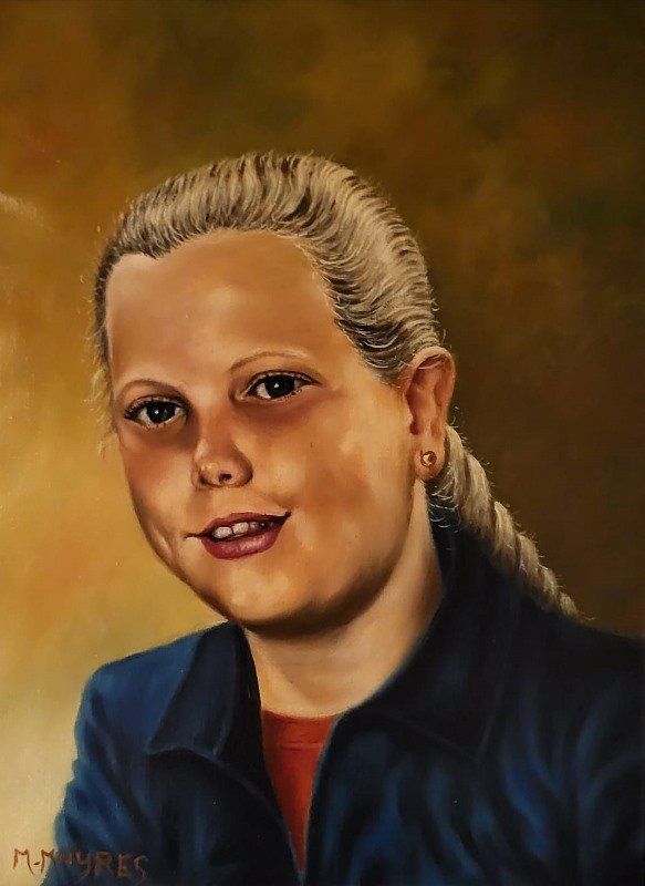 Markus Muyres+Nederlands+Olieverf+Schilderij+Portret+Jonge dame+Blauwe kleding+Blond+Lange staart