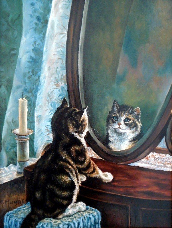 Markus Muyres+Nederlands+Olieverf+Schilderij+Paneel+40x30cm+Poesje+Spiegel+Gordijn+Kaars