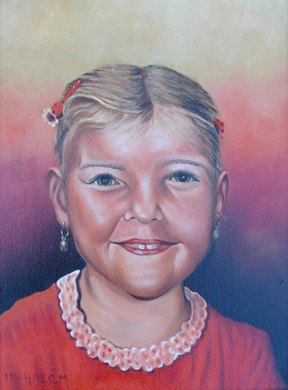 Markus Muyres+Nederlands+Olieverf+Schilderij+Portret+Meisje+Rode kleding+Blond haar+Oorbelletjes