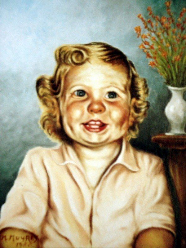 Markus Muyres+Nederlands+Olieverf+Schilderij+Portret+Meisje+Lichte kleding+Blond haar+Krullen+Glimlach+Bloemenvaas