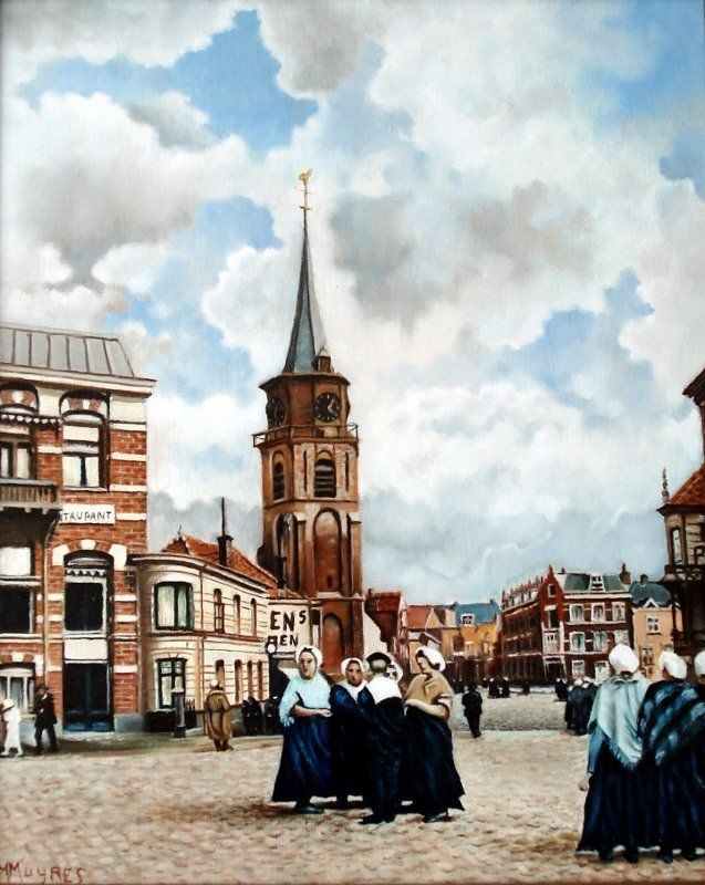 Markus Muyres+Nederlands+Olieverf+Schilderij+Stadsgezicht+Klederdracht+Kerk+Keizerstraat+Scheveningen