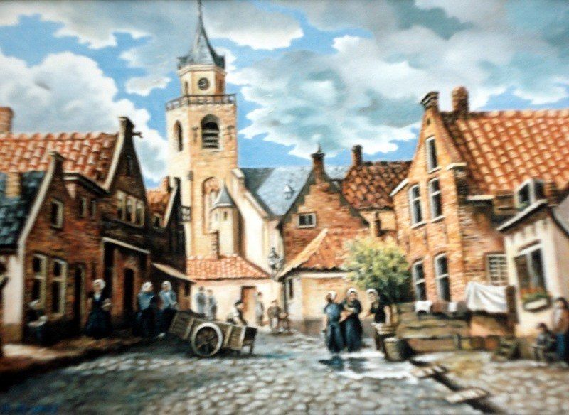 Markus Muyres+Nederlands+Olieverf+Schilderij+Stadgezicht+Klederdracht+Kerk+Vissershuisjes+Scheveningen