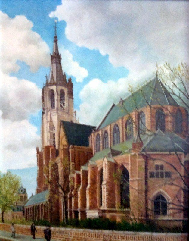 Markus Muyres+Nederlands+Olieverf+Schilderij+Stadsgezicht+Grote Kerk+Delft