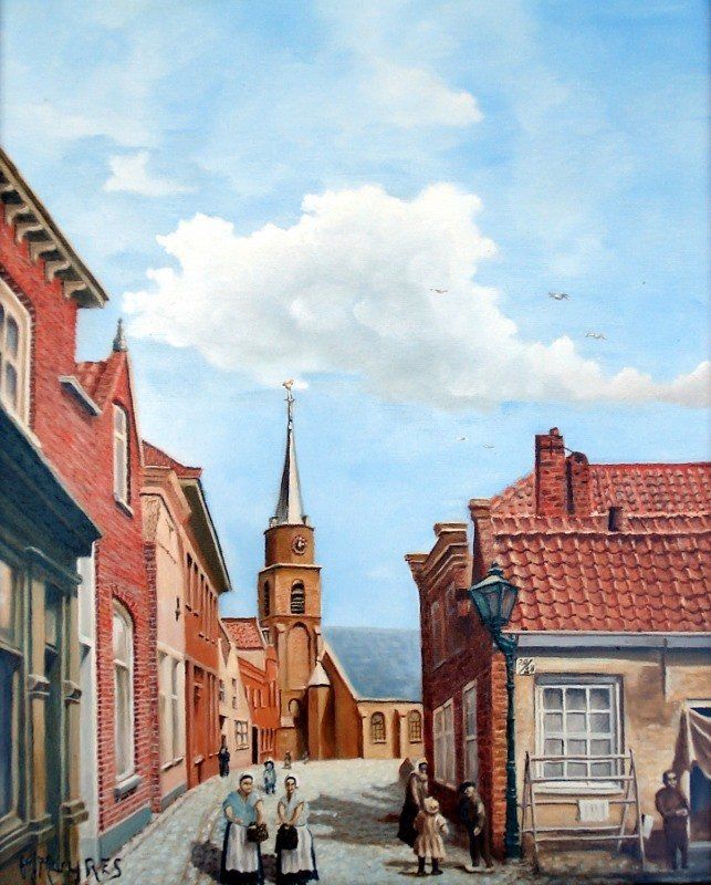 Markus Muyres+Nederlands+Olieverf+Schilderij+Stadgezicht+Klederdracht+Kerk+Vissershuisjes+Scheveningen