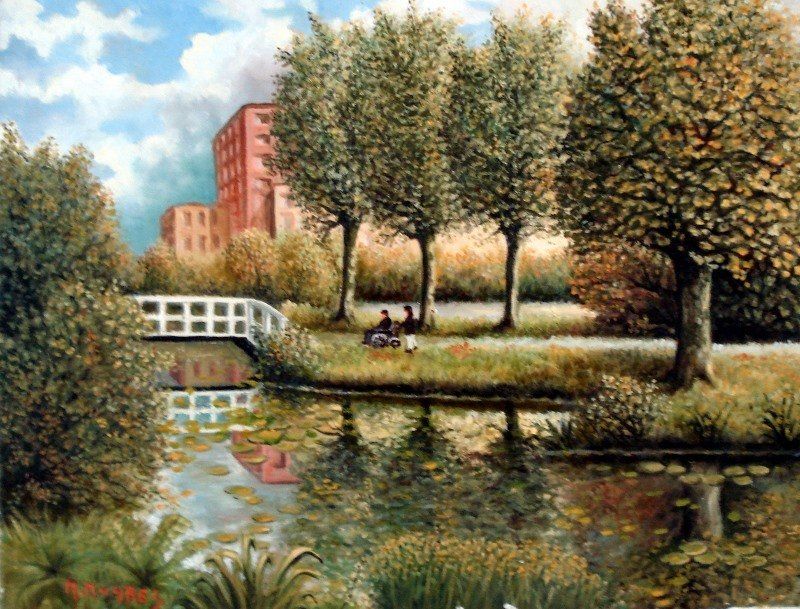 Markus Muyres+Nederlands+Olieverf+Schilderij+Stadsgezicht+Vijver+Park+Brug+Bomen+Vrouw+Man in rolstoel+Den Haag