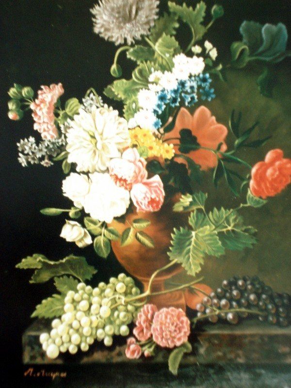 Markus Muyres+Nederlands+Olieverf+Schilderij+Stilleven+Bloemen+Druiven+Bruine vaas+Marmeren tafel