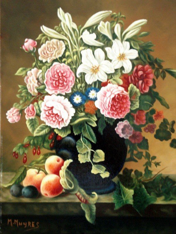 Markus Muyres+Nederlands+Olieverf+Schilderij+Stilleven+Bloemen+Fruit+Zwarte vaas+Marmeren tafel