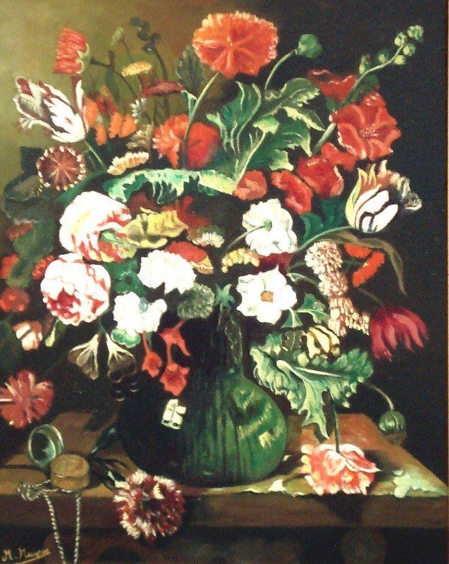 Markus Muyres+Nederlands+Olieverf+Schilderij+Stilleven+Bloemen+Groene vaas+Houten tafel