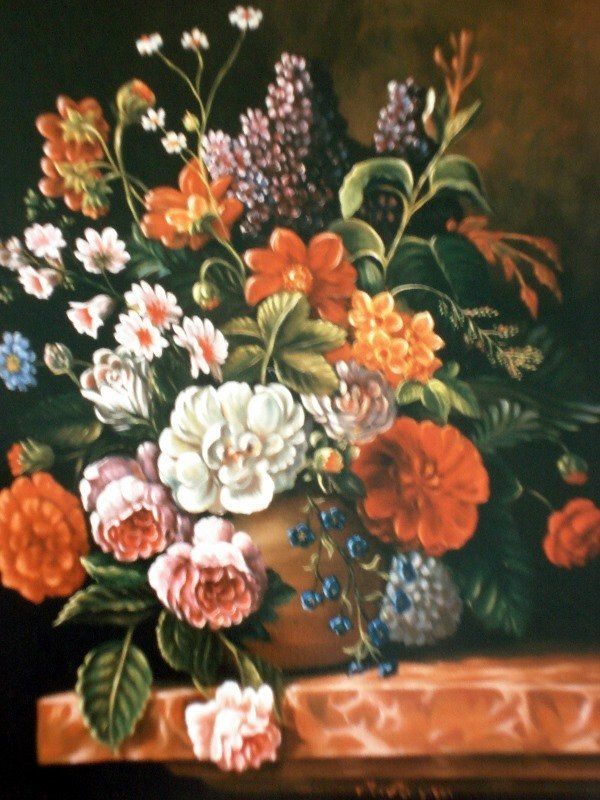 Markus Muyres+Nederlands+Olieverf+Schilderij+Stilleven+Bloemen+Bruine pot+Marmeren tafel