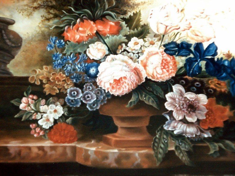 Markus Muyres+Nederlands+Olieverf+Schilderij+Stilleven+Bloemen+Klassieke vaas+Marmeren tafel
