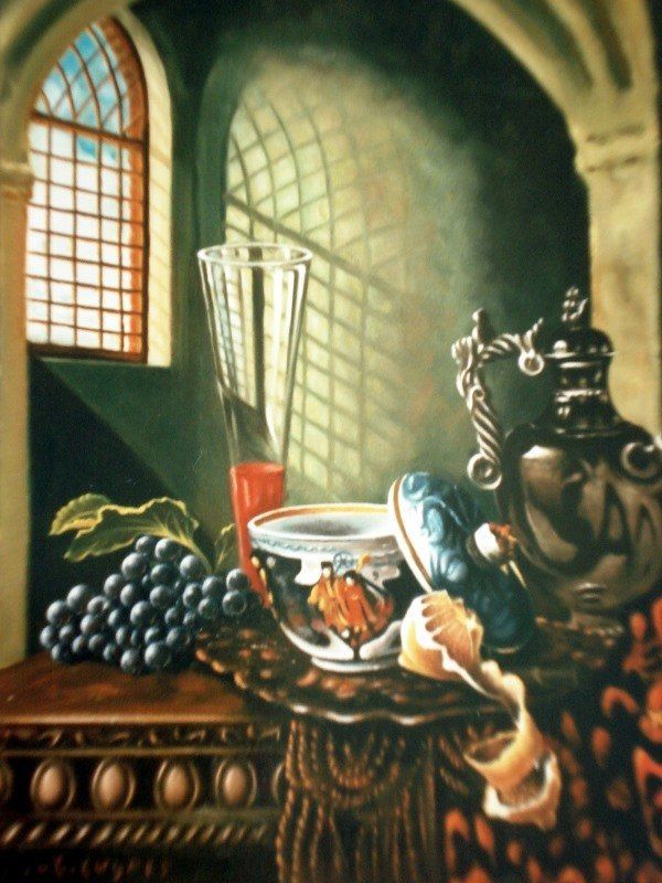 Markus Muyres+Nederlands+Olieverf+Schilderij+Stilleven+Fruit+Chinees potje+Boograam+Glas+Zilveren kan+Kleed+Tafel