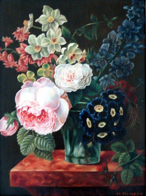 Markus Muyres+Nederlands+Olieverf+Schilderij+Stilleven+Bloemen+Grote Pioenroos+Glazen vaas+Marmeren tafel