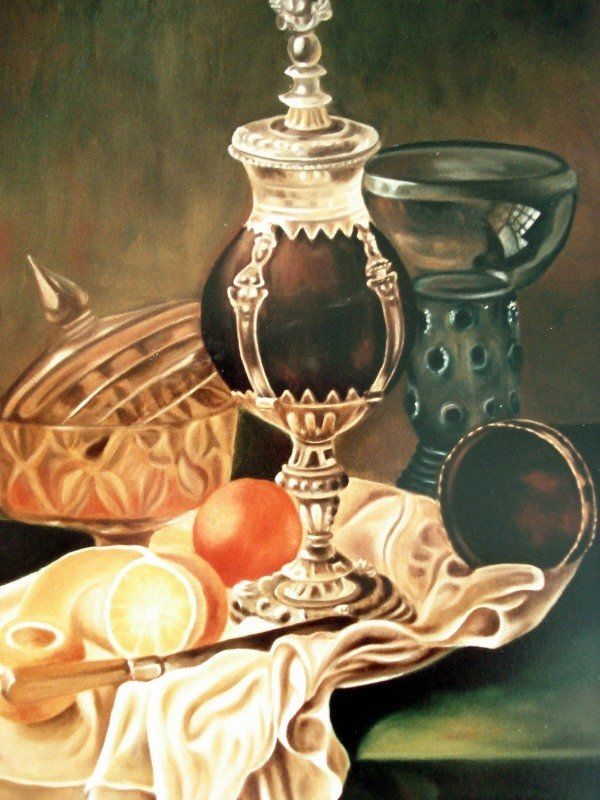 Markus Muyres+Nederlands+Olieverf+Schilderij+Stilleven+Fruit+Glazen schaaltje+Roemer+Kleed+Mes+Zilverwerk