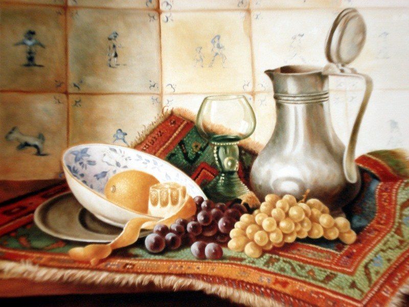 Markus Muyres+Nederlands+Olieverf+Schilderij+Stilleven+Delfts Blauw schaaltje+Druiven+Perzisch kleedje+Roemer+Tinnen kan met deksel