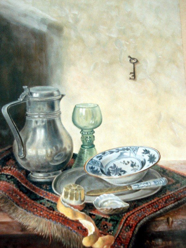 Markus Muyres+Nederlands+Olieverf+Schilderij+Stilleven+Delfts Blauw schaaltje+Oester+Citroen+Perzisch kleedje+Roemer+Tinnen kan met deksel