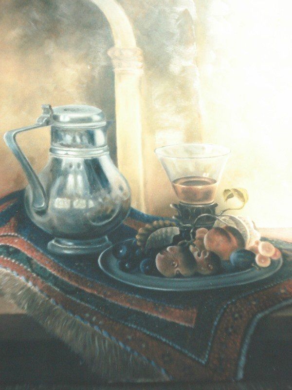 Markus Muyres+Nederlands+Olieverf+Schilderij+Stilleven+Perzisch kleedje+Tinnen kan met deksel+Glas met hete thee+Fruitschaal