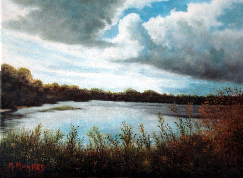 Markus Muyres + Nederlands + Olieverf + Schilderij + Canvas + 30x40cm + Landschap + Meertje + Struiken + Bomen + Wolken