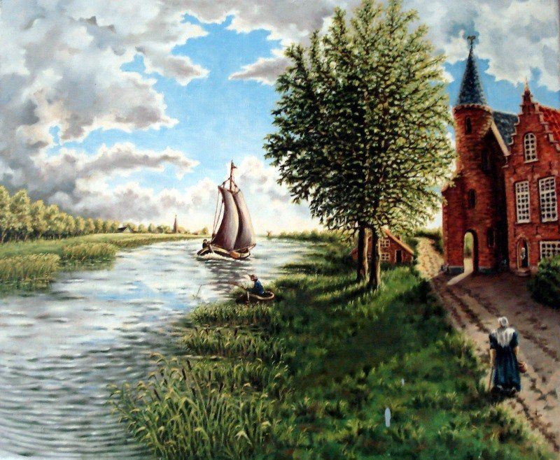 Markus Muyres+Nederlands+Olieverf+Schilderij+Landschap+Kanaal+Visser+Zeilboot+Boom+Huis met torentje+Klederdracht