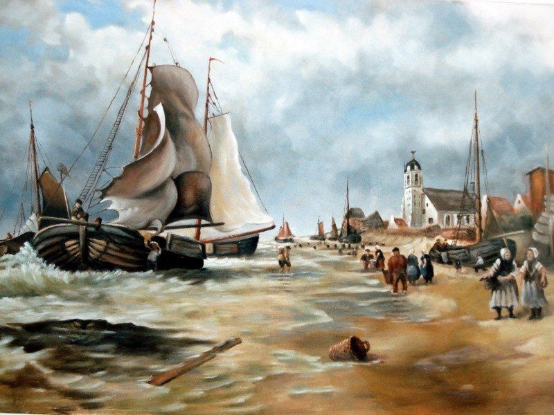 Markus Muyres+Nederlands+Olieverf+Schilderij+Zeegezicht+Zeilboten+Stand+Klederdracht+Duinen+Kerk+Katwijk