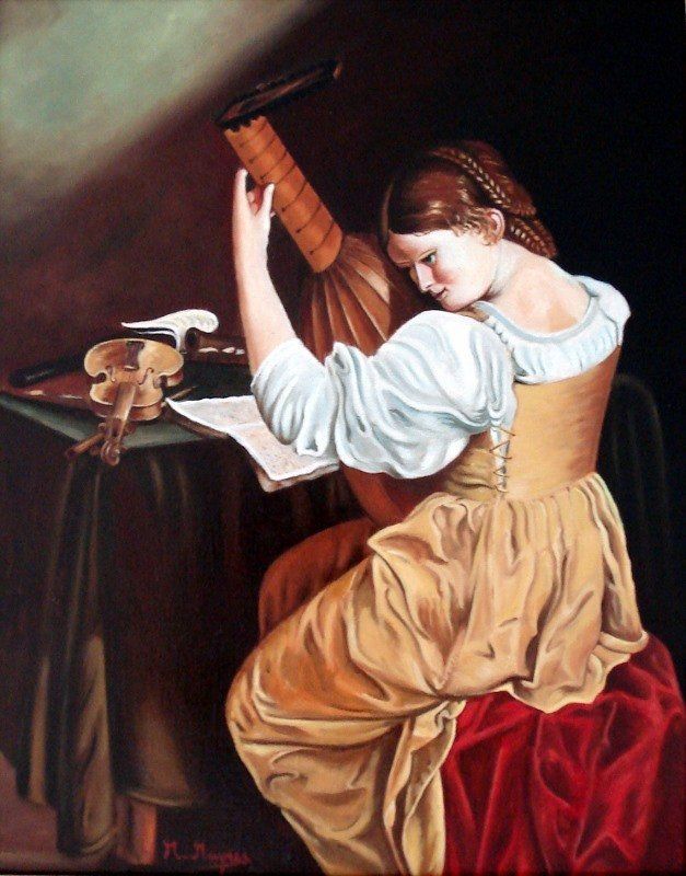 Markus Muyres+Nederlands+Olieverf+Schilderij+Canvas+50x40cm+Vrouw+ Klassieke kleding+Luit+Tafel+Viool