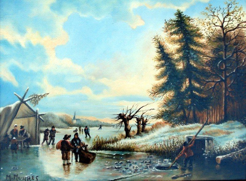 Markus Muyres+Nederlands+Olieverf+Schilderij+Winterlandschap+IJspret+IJsvisser+Bomen+Wolken