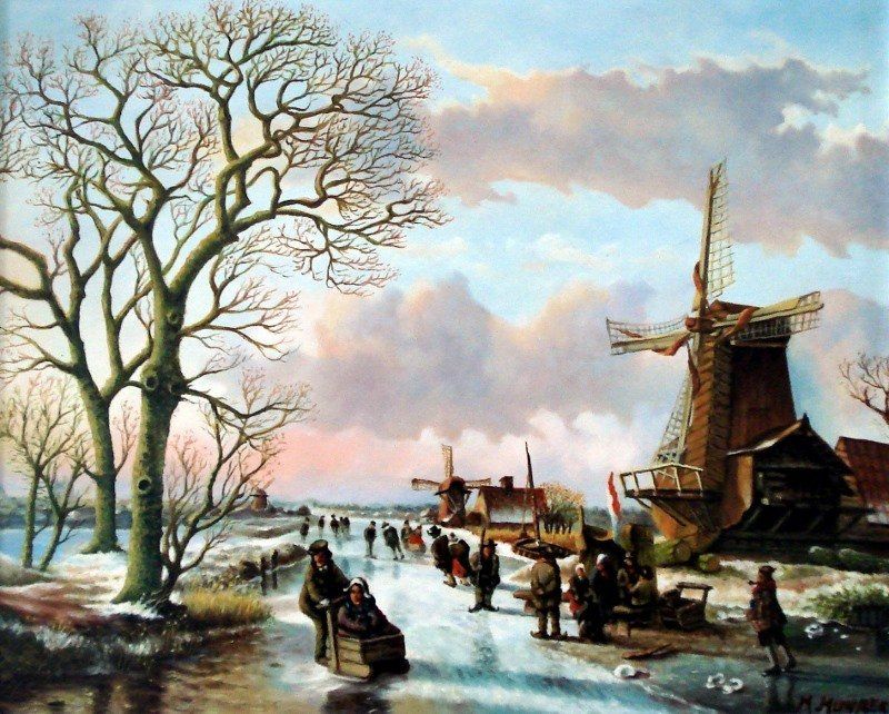 Markus Muyres+Nederlands+Olieverf+Schilderij+Paneel+40x50cm+Winterlandschap+IJspret+Molens+Bomen+Wolken