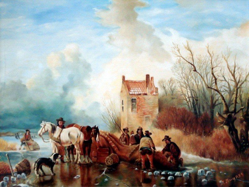 Markus Muyres+Nederlands+Olieverf+Schilderij+Paneel+30x40cm+Winterlandschap+IJsvissers+Paarden+Bordercollie+Huis+Bomen+Wolken