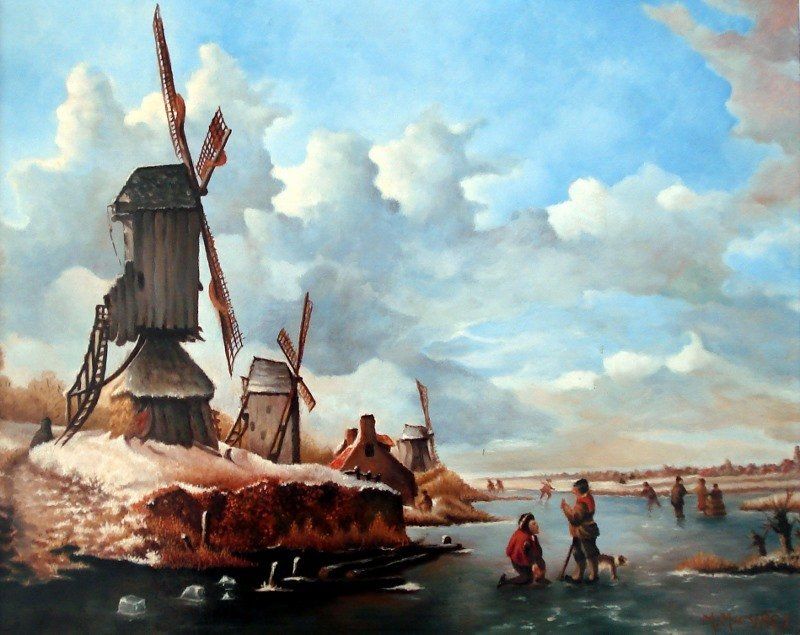 Markus Muyres+Nederlands+Olieverf+Schilderij+Paneel+40x50cm+Winterlandschap+IJspret+Molens+Wolken