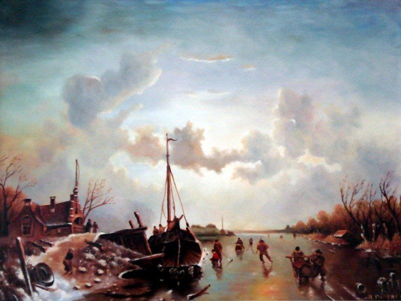 Markus Muyres+Nederlands+Olieverf+Schilderij+Paneel+30x40cm+Winterlandschap+Schaatsers+Boot+Huisje met trapgevel+Wolken