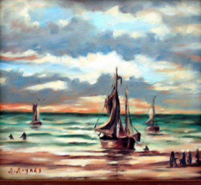Markus Muyres+Nederlands+Olieverf+Schilderij+Zeegezicht+Zeilboten+Strand+Vissers+Wolken