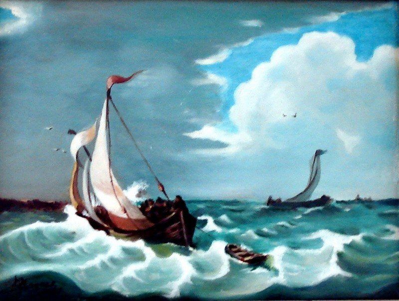 Markus Muyres+Nederlands+Olieverf+Schilderij+Zeegezicht+Zeilboten in de wind+Golven+Wolken