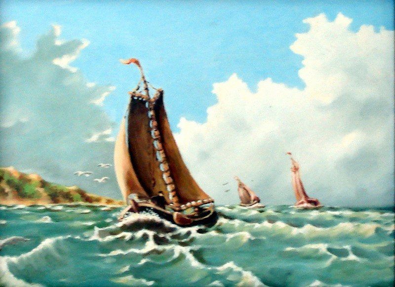 Markus Muyres+Nederlands+Olieverf+Schilderij+Zeegezicht+Zeilboten in de wind+Golven+Duinen+Meeuwen+Wolken