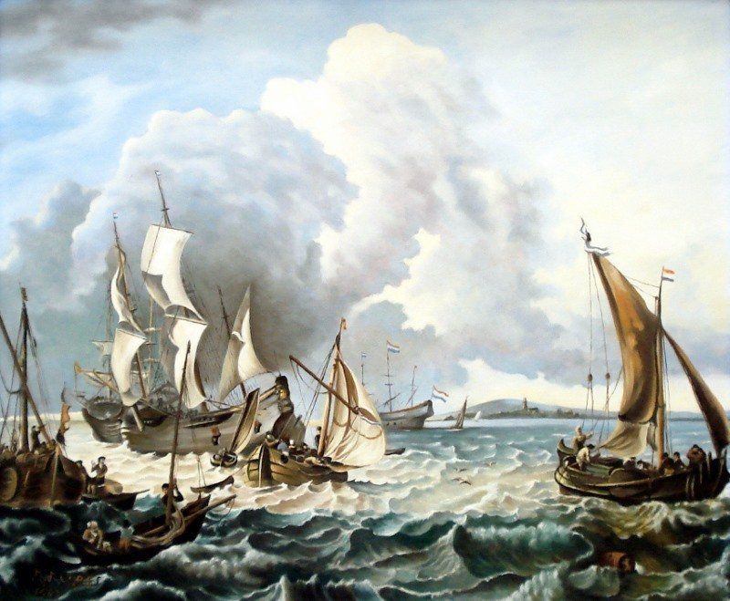 Markus Muyres+Nederlands+Olieverf+Schilderij+Zeegezicht+Driemasters+Zeilboten in de wind+Golven+Wolken